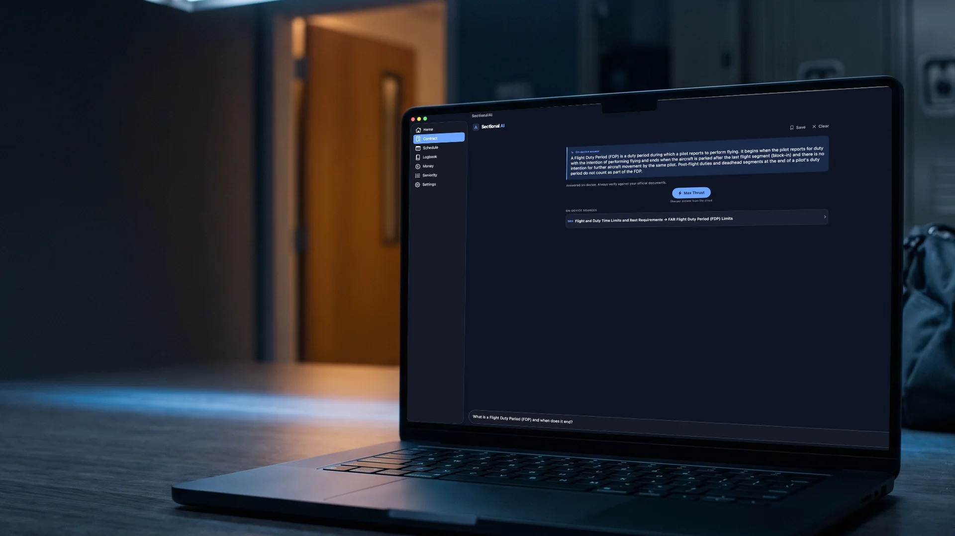 Sectional AI on a Mac showing a Flight Duty Period answer with its SRH source row