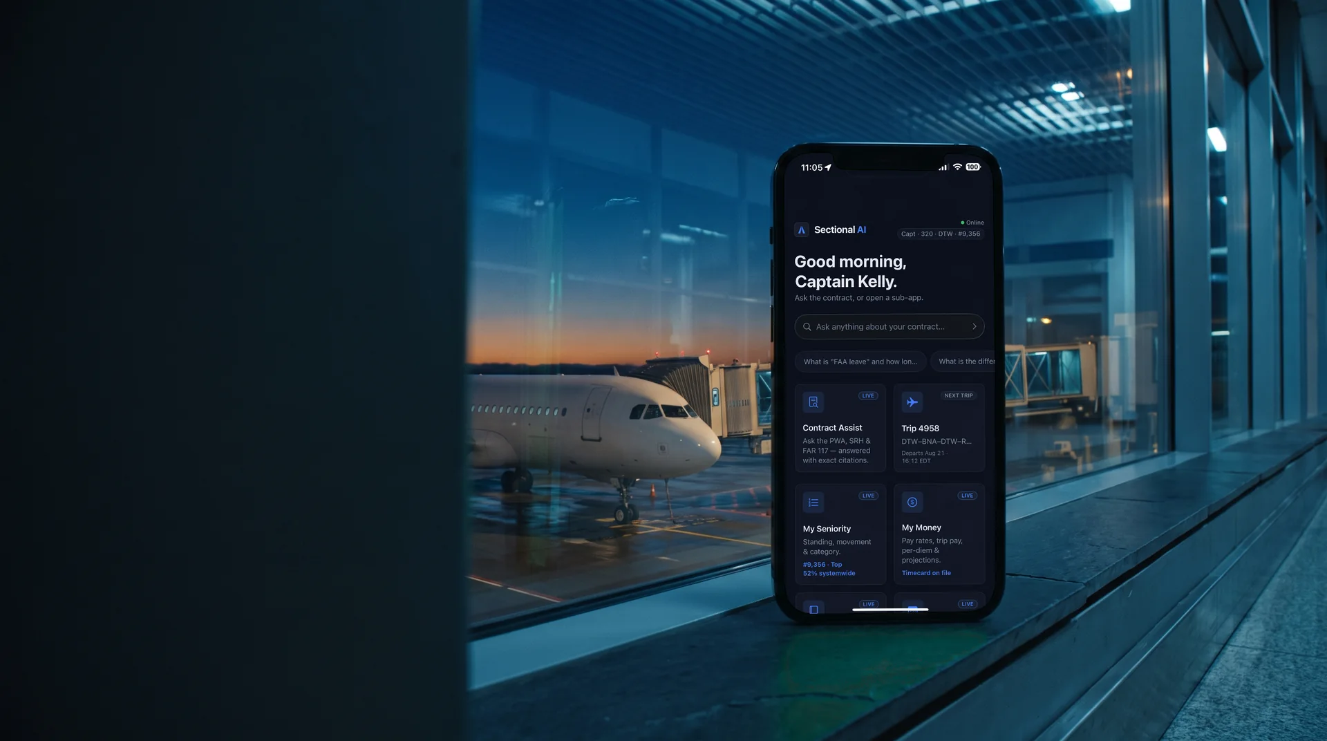 Sectional AI Home screen on an iPhone at an airport gate at dusk