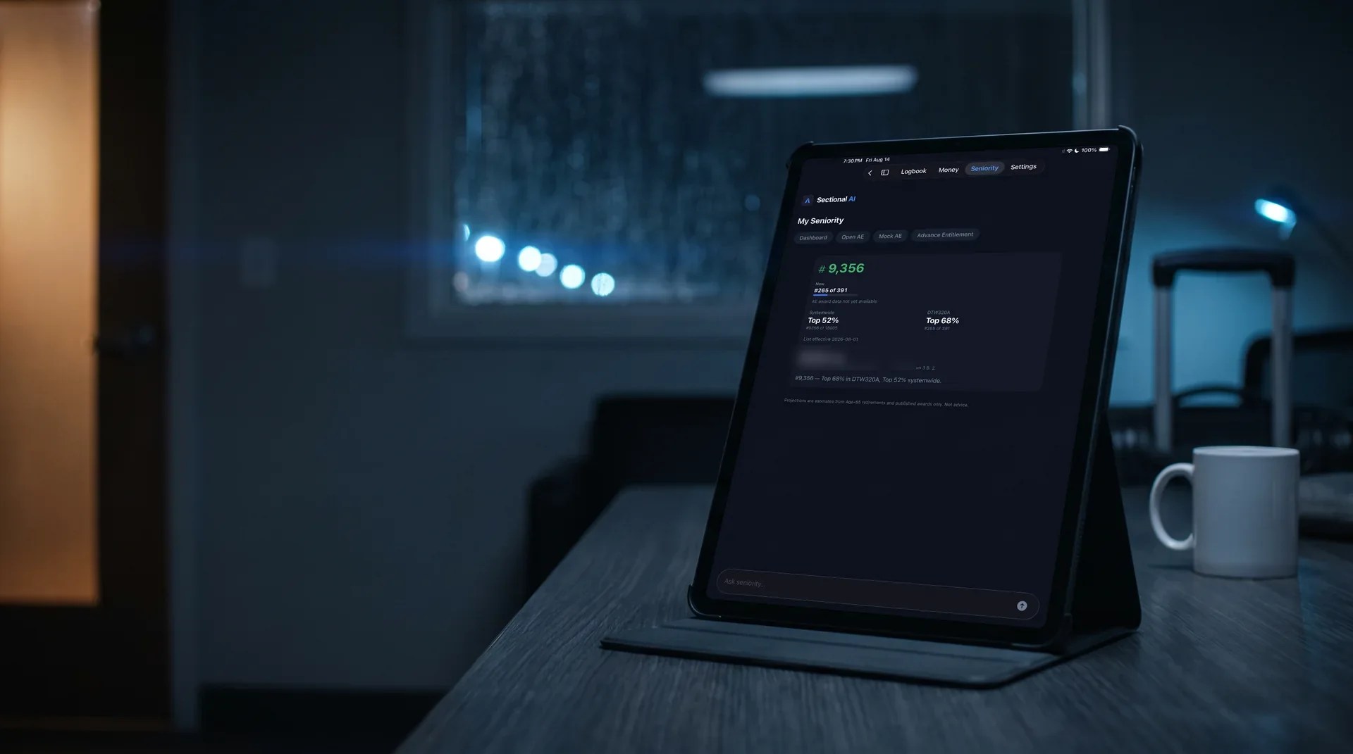 Sectional AI My Seniority dashboard on an iPad in a hotel room before an early report